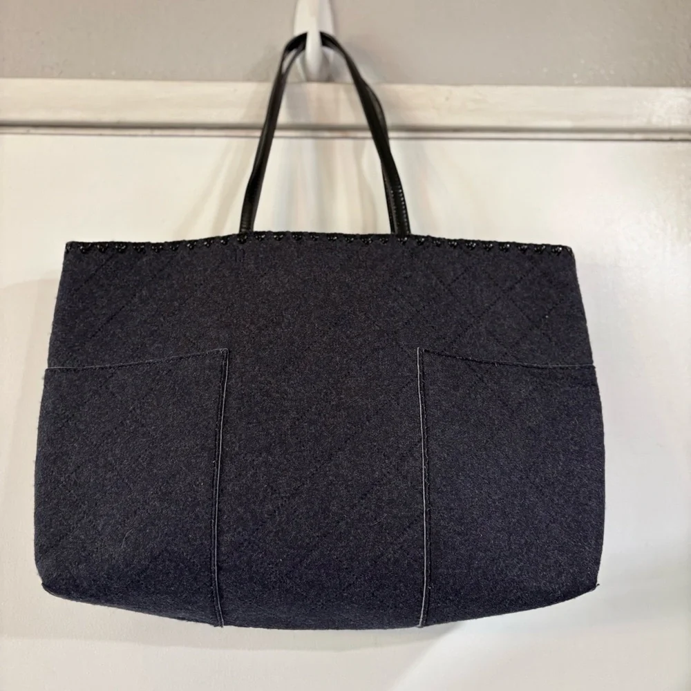Tory Burch Block T Felt Tote Shoulder Bag Carry On Work Travel Blue Gray Logo